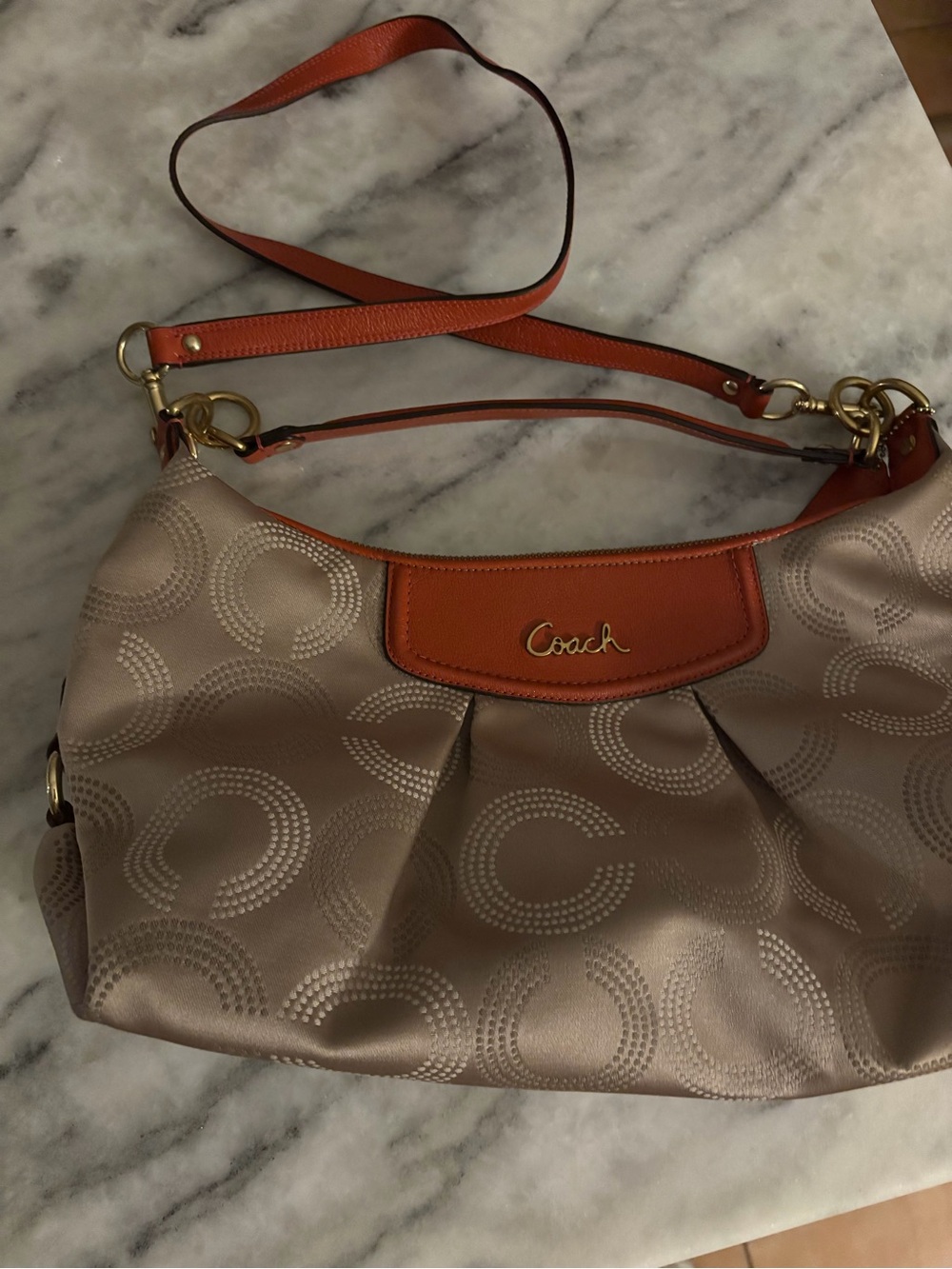 Coach Signature Pleated Shoulder Bag in Taupe with Saddle Trim